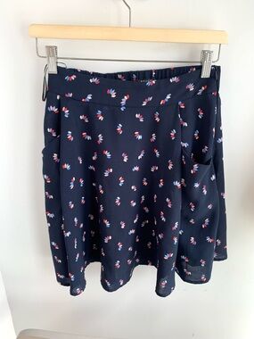 Navy Floral Skater Skirt with Red & White Accents by